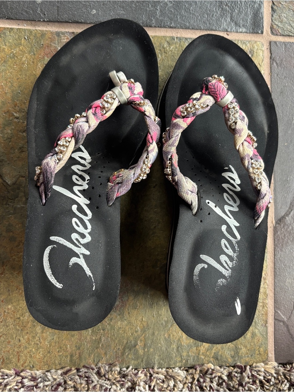 Skechers Women's Black High Heeled Flip Flops with Pink and Gray Braided Straps